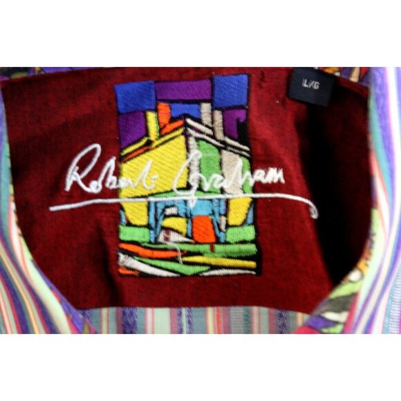 Robert Graham Mens Shirt Stripe Long Sleeve Button Flip Cuff Multi Sz L - Picture 2 of 14